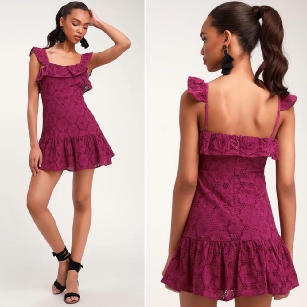 Lulus Magenta Ruffled Eyelet Lace Dress
